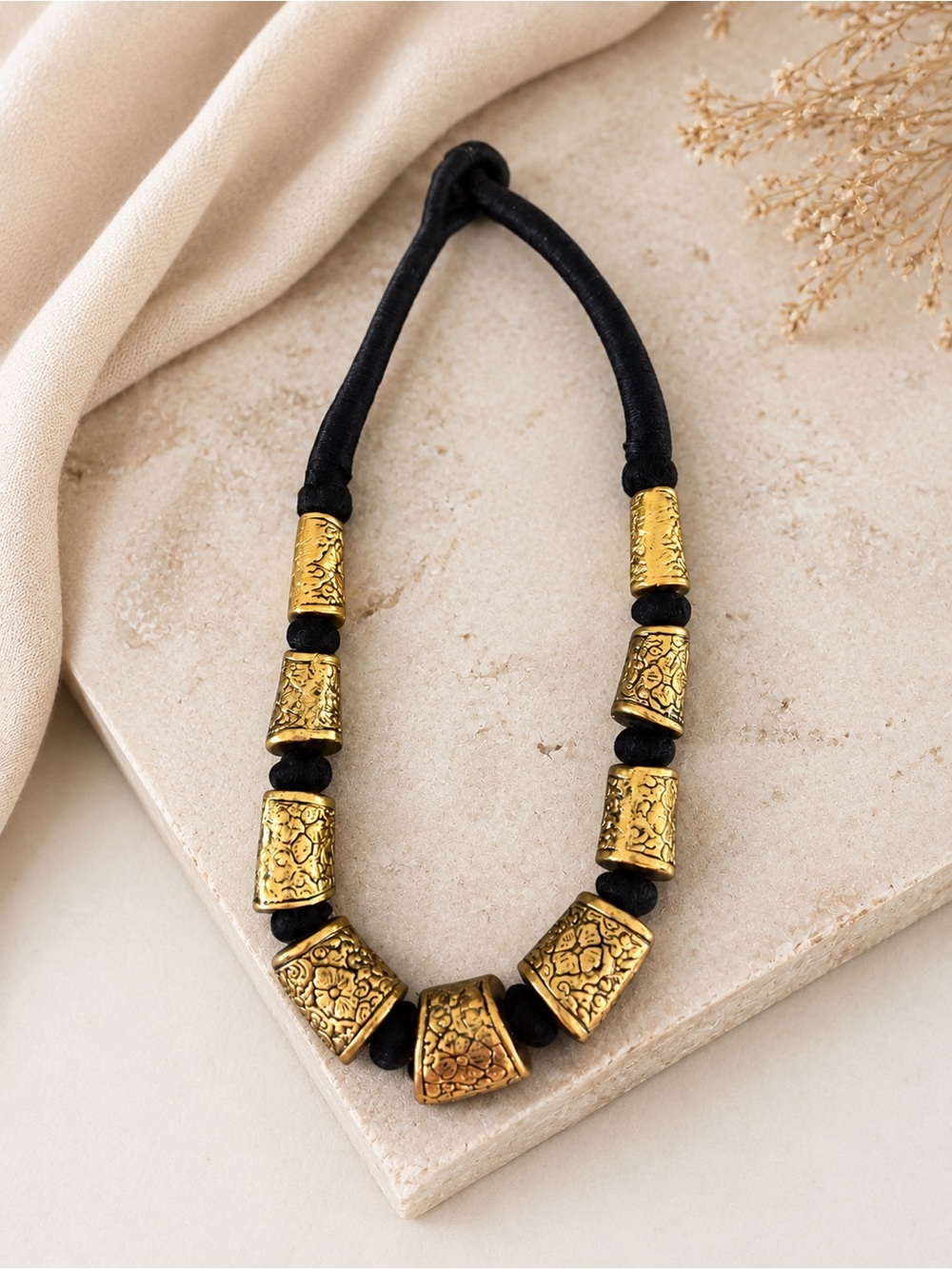 Boho Bold Gold Tone Handmade in India Tribal Ethnic Statement Cord Necklace